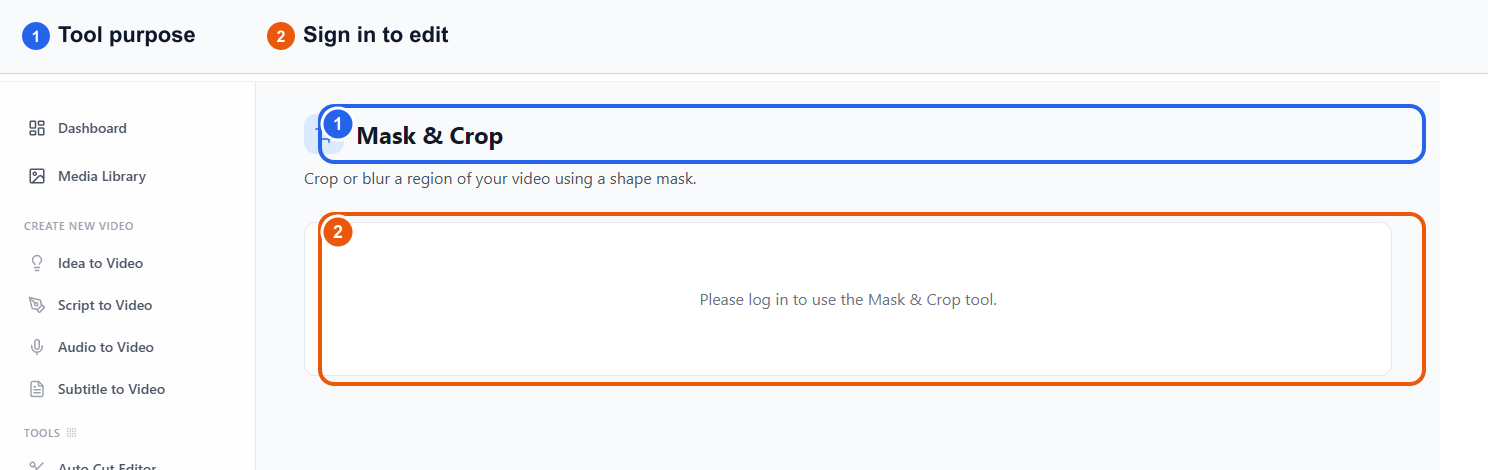 Real VMAI Mask & Crop tool entry screen annotated with the tool purpose and sign-in-to-edit flow