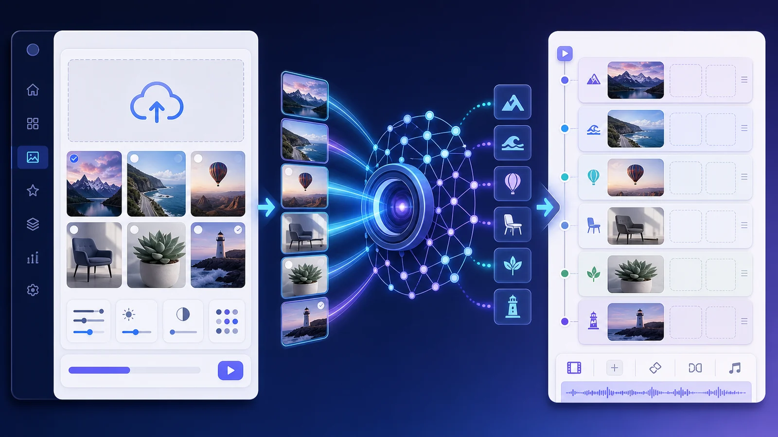 Conceptual workflow showing uploaded images moving through AI vision analysis into assigned video sections. This is an AI-generated learning illustration, not an actual VMAI screenshot.