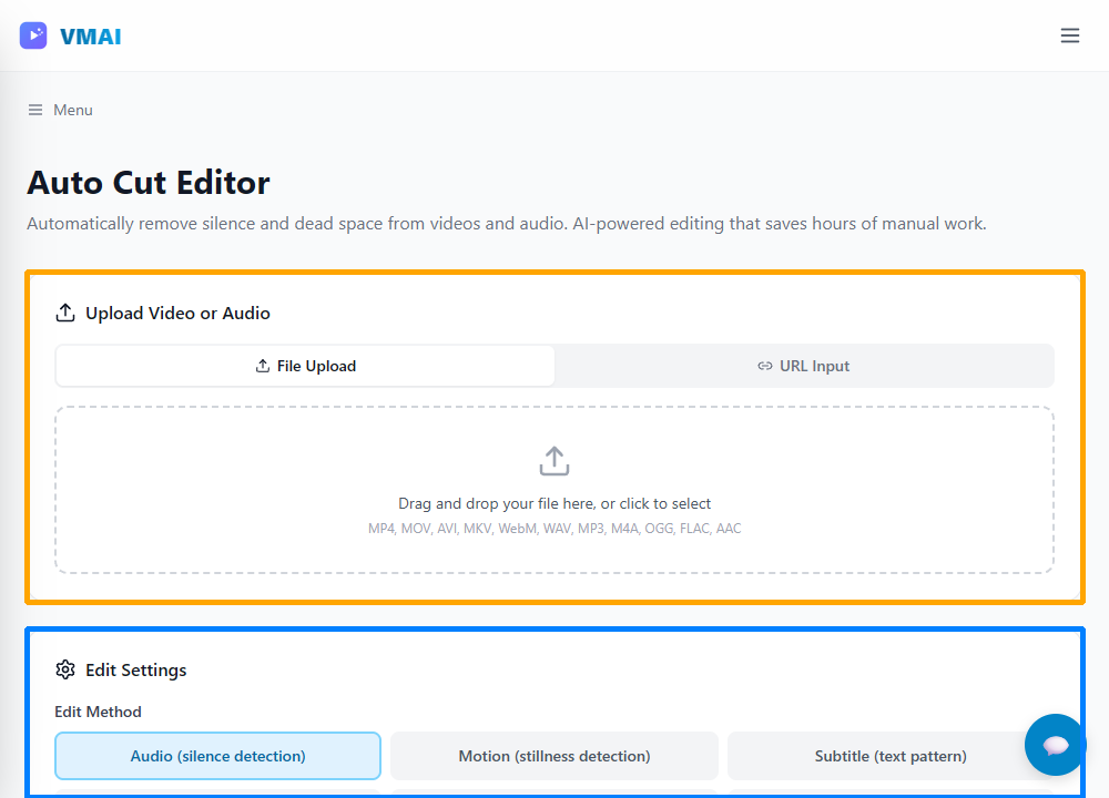 Auto Cut Editor screen highlighting the upload area and edit settings panel