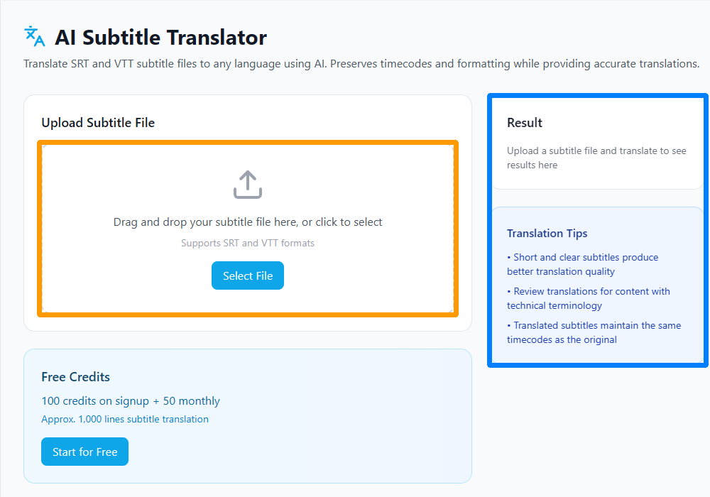 AI Subtitle Translator screen highlighting the upload area and result panel